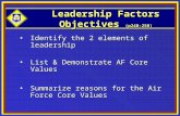 Leadership Factors Objectives (p240-250) Identify the 2 elements of leadershipIdentify the 2 elements of leadership List & Demonstrate AF Core ValuesList.