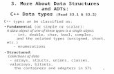 1 3. More About Data Structures and ADTs: C++ Data types (Read §3.1 & §3.2) C++ types an be classified as: Fundamental (or simple or scalar): A data object.