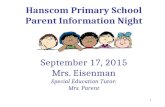 Hanscom Primary School Parent Information Night September 17, 2015 Mrs. Eisenman Special Education Tutor: Mrs. Parent 1.