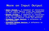 More on Input Output Input Stream : A sequence of characters from an input device (like the keyboard) to the computer (the program running). Output Stream.