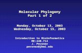 Molecular Phylogeny Part 1 of 2 Monday, October 13, 2003 Wednesday, October 15, 2003 Introduction to Bioinformatics ME:440.714 J. Pevsner pevsner@jhmi.edu.