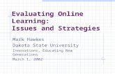 Evaluating Online Learning: Issues and Strategies Mark Hawkes Dakota State University Innovations, Educating New Generations March 1, 2002.