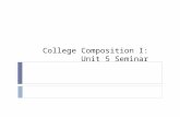 College Composition I: Unit 5 Seminar. Unit 5 Work  Unit 5 work due Tonight:  Reading  Seminar  Discussion  Project.