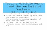 Testing Multiple Means and the Analysis of Variance (§8.1, 8.2, 8.6) Situations where comparing more than two means is important. The approach to testing.