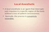 Local Anesthetic A local anesthetic is an agent that interrupts pain impulses in a specific region of the body without a loss of patient consciousness.
