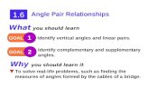 1.6 Angle Pair Relationships GOAL 1 Identify vertical angles and linear pairs.GOAL 2 Identify complementary and supplementary angles. What you should learn.