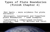 Types of Plate Boundaries (finish Chapter 4) Hot Spots – more evidence for plate tectonics Divergent, Convergent and Transform plate boundaries - some.