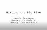 Hitting the Big Five Phonemic Awareness, Phonics, Vocabulary, Fluency, Comprehension.