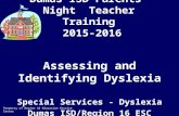 Property of Region 10 Education Service Center Dumas ISD Parents’ Night Teacher Training 2015-2016 Assessing and Identifying Dyslexia Special Services.