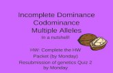 Incomplete Dominance Codominance Multiple Alleles In a nutshell! HW: Complete the HW Packet (by Monday) Resubmission of genetics Quiz 2 by Monday.