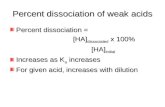 Percent dissociation of weak acids Percent dissociation = [HA] dissociated x 100% [HA] dissociated x 100% [HA] initial [HA] initial Increases as K a increases.