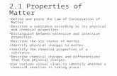 2.1 Properties of Matter Define and prove the Law of Conservation of Matter Describe a substance according to its physical and chemical properties. Distinguish.