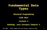 Fall 2006Slides adapted from Java Concepts companion slides1 Fundamental Data Types Advanced Programming ICOM 4015 Lecture 4 Reading: Java Concepts Chapter.