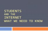STUDENTS AND THE INTERNET WHAT WE NEED TO KNOW. Issues  Internet Safety  Cyberbullying  Social Media  Digital Citizenship.