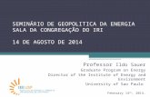 SEMINÁRIO DE GEOPOLITICA DA ENERGIA SALA DA CONGREGAÇÃO DO IRI 14 DE AGOSTO DE 2014 Professor Ildo Sauer Graduate Program on Energy Director of the Institute.