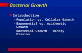 Bacterial Growth l Introduction –Population vs. Cellular Growth –Exponential vs. Arithmetic Growth –Bacterial Growth - Binary Fission.