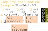 Simplify each radical Example: 1.2.3. 4. 5. Solve: All numbers Identity No solution.