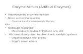 Enzyme Mimics (Artificial Enzymes) Reproduce the enzyme’s function Mimic a chemical reaction –Chemical transformation (covalent bonds) &/or Molecular recognition.