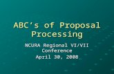 ABC’s of Proposal Processing NCURA Regional VI/VII Conference April 30, 2008.