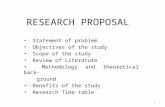 RESEARCH PROPOSAL Statement of problem Objectives of the study Scope of the study Review of Literature Methodology and theoretical back- ground Benefits.