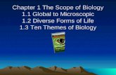 Chapter 1 The Scope of Biology 1.1 Global to Microscopic 1.2 Diverse Forms of Life 1.3 Ten Themes of Biology.