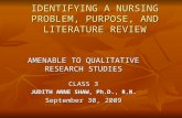 IDENTIFYING A NURSING PROBLEM, PURPOSE, AND LITERATURE REVIEW AMENABLE TO QUALITATIVE RESEARCH STUDIES CLASS 3 JUDITH ANNE SHAW, Ph.D., R.N. September.