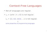 1 Context-Free Languages Not all languages are regular. L 1 = {a n b n | n  0} is not regular. L 2 = {(), (()), ((())),...} is not regular.  some properties.