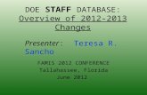 DOE STAFF DATABASE: Overview of 2012-2013 Changes Presenter : Teresa R. Sancho FAMIS 2012 CONFERENCE Tallahassee, Florida June 2012.