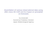 Assimilation of various observational data using JMA meso 4D-VAR and its impact on precipitation forecasts Ko KOIZUMI Numerical Prediction Division Japan.