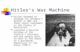 Hitler’s War Machine Hitler dreamed of revenge for Germany’s defeat in WWI and their harsh treatment in the Treaty of Versailles. Launched a massive buildup.