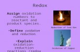 Redox Assign oxidation numbers to reactant and product species. Define oxidation and reduction. Explain oxidation- reduction reactions (redox reactions).