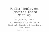 PEBB Meeting - August 6, 20021 Public Employees Benefits Board Meeting August 6, 2002 Procurement Overview & Medical Benefit Decisions for 2003.