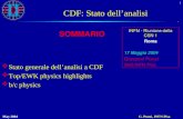 May 2004G. Punzi, INFN-Pisa 1 CDF: Stato dell’analisi  Stato generale dell’analisi a CDF  Top/EWK physics highlights  b/c physics SOMMARIO INFN - Riunione.