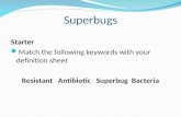 Superbugs Starter Match the following keywords with your definition sheet Resistant Antibiotic Superbug Bacteria.