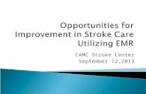 CAMC Stroke Center September 12,2013.  Drill down: Variance in capturing individualized risk factors Med Reconciliation discrepancies Education not documented.