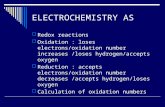 ELECTROCHEMISTRY AS  Redox reactions  Oxidation : loses electrons/oxidation number increases /loses hydrogen/accepts oxygen  Reduction : accepts electrons/oxidation.