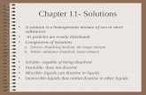 Chapter 11- Solutions A solution is a homogeneous mixture of two or more substances -its particles are evenly distributed Components of Solutions a.Solvent-