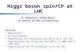 Higgs boson spin/CP at LHC N. Godinovic (FESB-Split) on behalf of CMS collaboration Outline: Motivation S CP observables Significane for exclusion non.