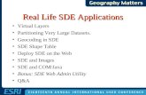Real Life SDE Applications Virtual Layers Partitioning Very Large Datasets. Geocoding in SDE SDE Shape Table Deploy SDE on the Web SDE and Images SDE and.