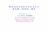 Biostatistics 410.645.01 Class 1 1/25/2000 Introduction Descriptive Statistics.