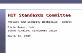 HIT Standards Committee Privacy and Security Workgroup: Privacy and Security Workgroup: Update Dixie Baker, SAIC Steve Findlay, Consumers Union March 24,