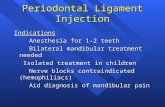 Periodontal Ligament Injection Indications Anesthesia for 1-2 teeth Anesthesia for 1-2 teeth Bilateral mandibular treatment needed Bilateral mandibular.