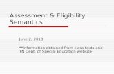 Assessment & Eligibility Semantics June 2, 2010 **Information obtained from class texts and TN Dept. of Special Education website.