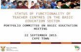 PORTFOLIO COMMITTEE ON BASIC EDUCTATION MEETING 22 SEPTEMBER 2015 CAPE TOWN STATUS OF FUNCTIONALITY OF TEACHER CENTRES IN THE BASIC EDUCATION SECTOR.
