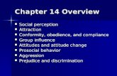 Chapter 14 Overview Social perception Social perception Attraction Attraction Conformity, obedience, and compliance Conformity, obedience, and compliance.