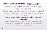 Demonstration: Egg Drop! 1 What is the initial motion of the egg? The egg is at rest. What causes the egg to change motion? The force of gravity causes.