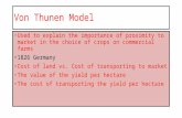 Von Thunen Model Used to explain the importance of proximity to market in the choice of crops on commercial farms 1826 Germany Cost of land vs. Cost of.