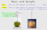 Mass and Weight Mass This is the amount of matter. (Kg) Weight This is the force of gravity pulling on the mass. (N) * less on the moon, zero in deep space.