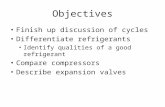 Objectives Finish up discussion of cycles Differentiate refrigerants Identify qualities of a good refrigerant Compare compressors Describe expansion valves.