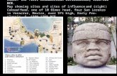 Olmec: the first Mesoamerican civilization, 1500–400 BCE. Map showing sites and sites of influence and (right) Colossal Head, one of 10 Olmec head, four.